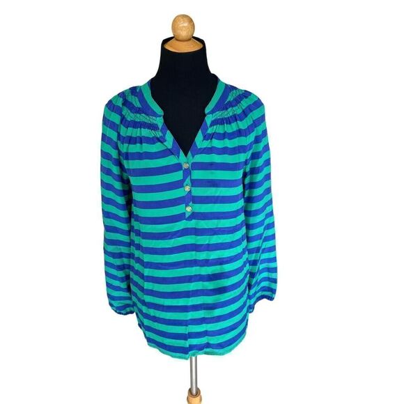 Lilly Pulitzer Green and Blue Striped Blouse 100% silk size XS - Picture 3 of 7
